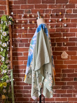 Grateful Dead Blooms Tie Dye Inspired Green Daisy Embroidered Poncho