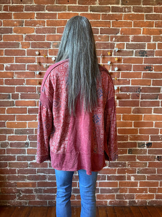 Stone Washed Patchwork Paisley Bohemian Cardigan - Merlot