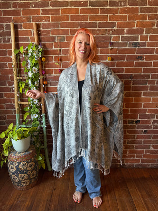 Gray Sky Goddess Flowy Woven Fringe Kimono Ruana - Made In Canada