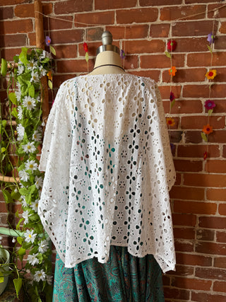 100% Cotton Bohemian Eyelet Overlay Poncho Top - White