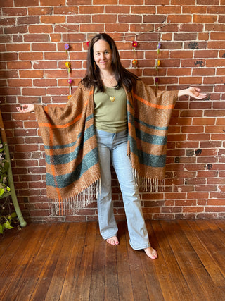 The Softest Farmers Market Fringe Poncho - Brown/Orange/Teal