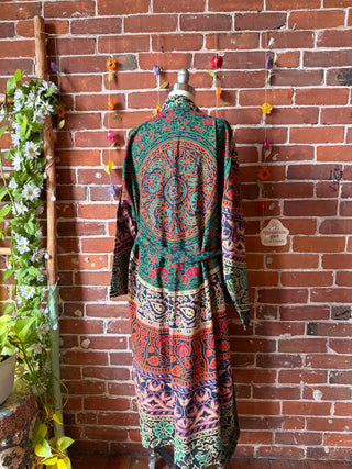 Navy Green Mandala Long Tapestry Robe Kimono w/ Pockets + Belt - Fair Trade Made