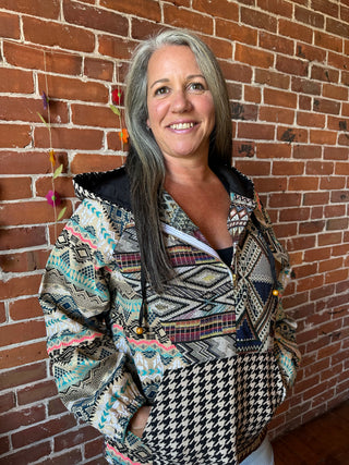 Autumn Stroll Kilim Inspired Patchwork Pullover Hoodie