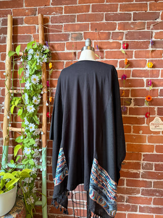 Upcycled Grateful Dead Skeleton Inspired Embroidered Black Tassel Poncho