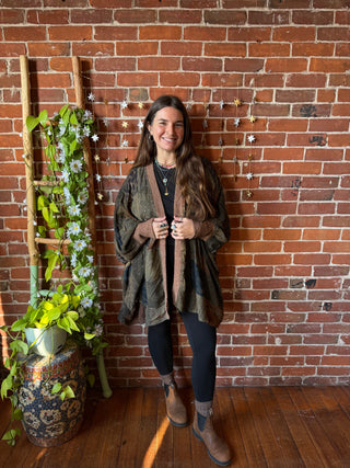 Solstice Stroll Patchwork Batwing Sleeve Kimono Layer - Dark Earth Tones -Fair Trade Made