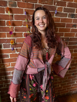 Moon Catcher Patchwork Knit Bell Sleeve Cropped Wrap Sweater - 100% Cotton - Fair Trade Made