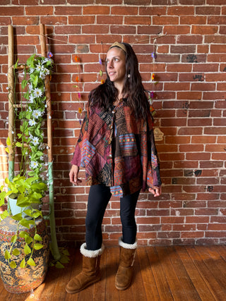 Autumn Earth Tones Patchwork Upcycled Cotton Hoodie Poncho Cape- Fair Trade Made