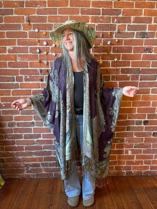 Turquoise + Purple Goddess Flowy Woven Fringe Kimono Ruana