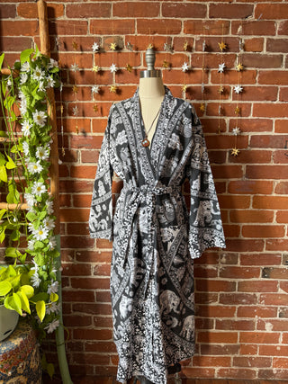 Black + White Mandala Long Tapestry Robe Kimono with Pockets and Belt
