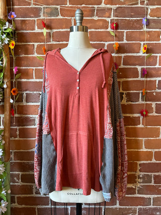 OOAK Autumn Collection- Size XL Upcycled Waffle Knit Patchwork Hybrid Hoodie