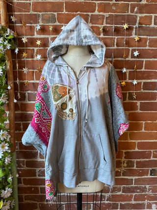 OOAK Autumn Collection- Upcycled Fleetwood Mac Inspired Kantha Poncho Tie Dye Hoodie