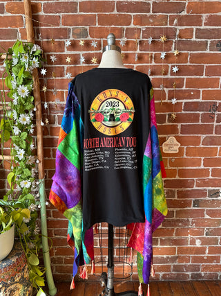 OOAK Winter Collection- Upcycled Silk Patchwork Tie Dye Guns N’ Roses Inspired Hi Lo Poncho Top