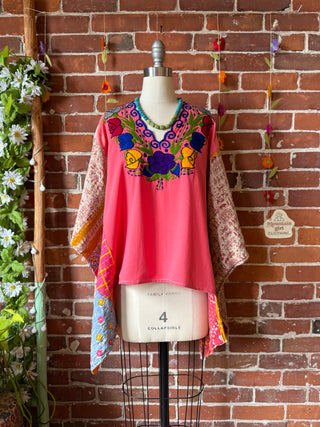 OOAK Autumn Collection- Upcycled Vintage Embroidered Kantha Hi Lo Poncho Top