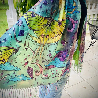Pashmina Scarf / Wall Hanging / Rainbow Luna Moth / Original Art By Melanie Bodnar-Final Sale
