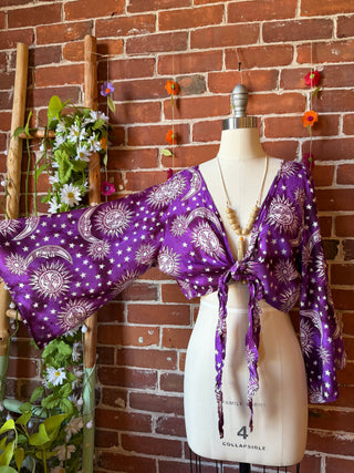 Purple Sun, Moon + Stars Celestial Cropped Bell Sleeve Wrap Top