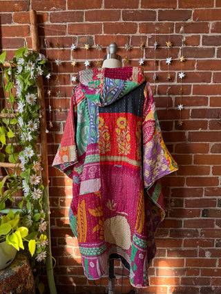 Sierra Dreams Patchwork Upcycled Cotton Kantha Poncho Tunic Hoodie