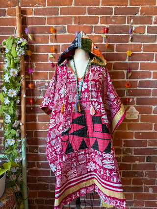 Sierra Dreams Reversible 100% Cotton Kantha Poncho Tunic Hoodie Beach Coverup - Fair Trade Made