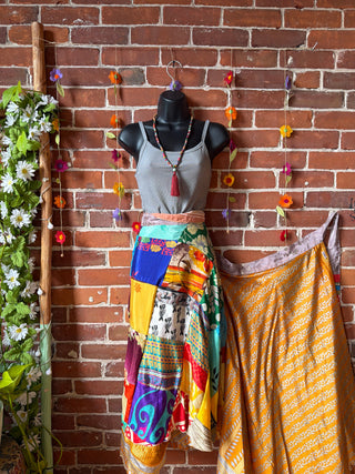 Reversible Upcycled Sari Silky Patchwork Wrap Skirt - Fair Trade Made