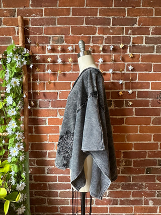 In Zen Mode Doily V-Neck Poncho Top - In Charcoal + Olive