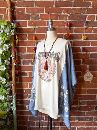 Upcycled Mystical Stevie Inspired Blue Daisy Embroidered Poncho