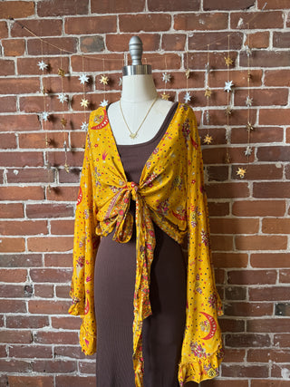 Golden Yellow Sun, Moon + Stars Celestial Cropped Bell Sleeve Wrap Top