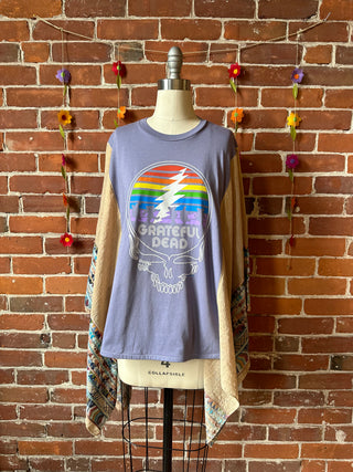 Upcycled Grateful Dead Inspired Lavender/Taupe Embroidered Poncho Top