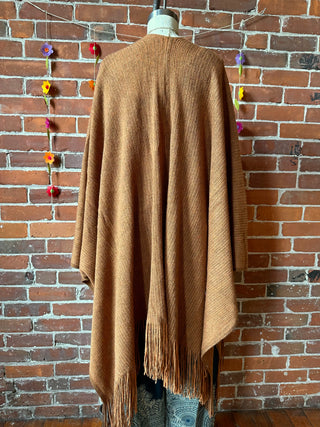 Earthy Mama Long Brown Fringe Poncho With Pockets