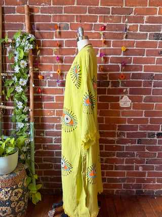 Soft Lime Evil Eye 100% Cotton Kimono Robe  - Fair Trade Made