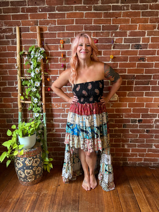 Sunlit Grove Tiered Patchwork Hi Lo Recycled Sari Dress
