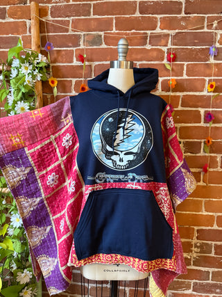 OOAK Autumn Collection- Upcycled Grateful Dead Inspired Kantha Poncho Hoodie