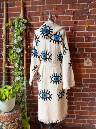 Evil Eye Blue 100% Cotton Hoodie Kimono Robe  - Fair Trade Made