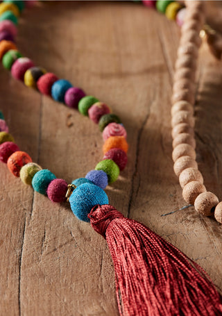 Recycled Sari Wooden Bead Tassel Necklace