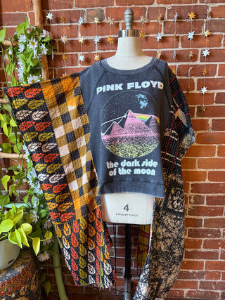 OOAK Winter Collection- Upcycled Pink Floyd Inspired Kantha Hi Lo Poncho Sweatshirt