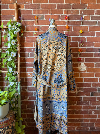 Taupe Elephant Mandala Long Tapestry Robe Kimono w/ Pockets + Belt - Fair Trade Made