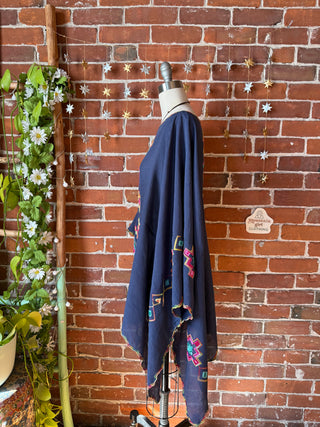 The Wandering Bloom Layer - Navy - Upcycled Embroidered Poncho