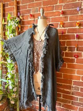 100% Cotton Gauze Boho Fringe Kimono Layer - Charcoal