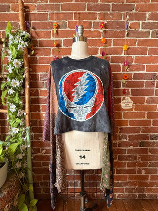 OOAK Summer Collection- Upcycled Grateful Dead Flowy Hybrid Hi Lo Tee