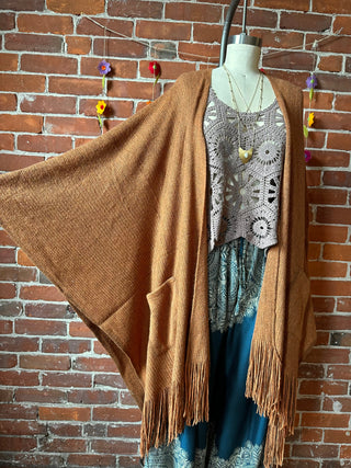 Earthy Mama Long Brown Fringe Poncho With Pockets