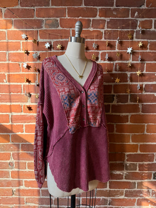 Quinn Waffle Knit Henley Top - Faded Red