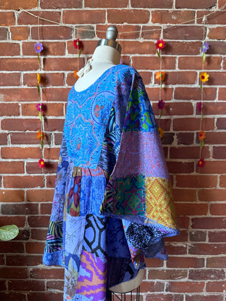 Althea Recycled Patchwork Festival Top - Purple Teal Blockprint