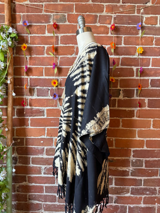 Spiral Black + Beige Tie Dye Fringe Poncho