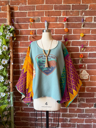 OOAK Summer Collection- Upcycled New Engand Aquarium Kantha Dolman Sleeve Top