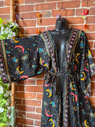 Silk Long Celestial Print Goddes Kimono -Moon Sun + Stars - Two Colors