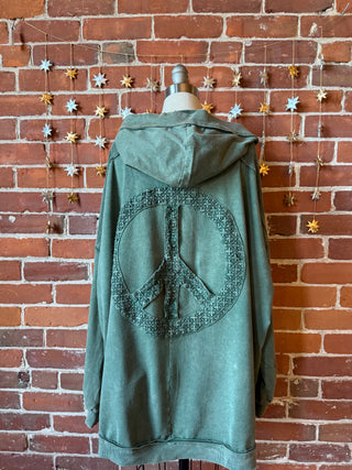 Peace Patch Mineral Wash Cardigan Hoodie - Olive Green