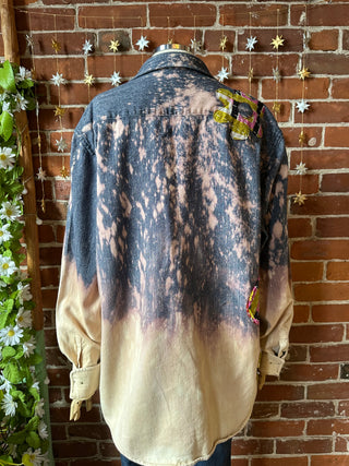 OOAK Autumn Collection - Unisex Size XL Upcycled Flower Patchwork Bleach Button Up Flannel