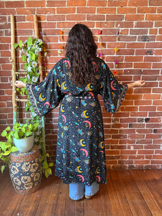 Silk Long Celestial Print Goddes Kimono -Moon Sun + Stars - Two Colors