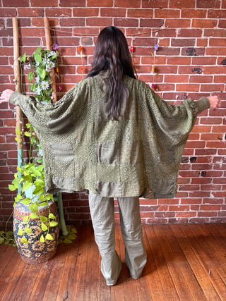 Solstice Stroll Basil Green Patchwork Batwing Sleeve Kimono Layer - Fair Trade Made