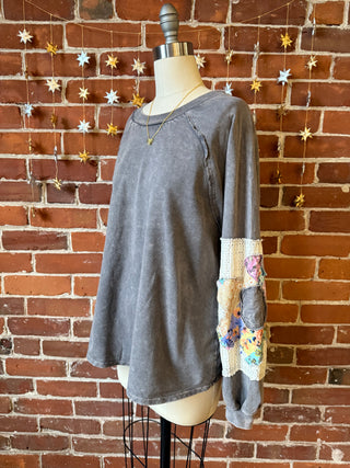 Flower Power Patchwork Floral Mineralwash Sweatshirt - Stone Gray