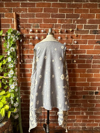 Blue Sky Flowers Fringe Duster Reversible Vest - 100% Cotton