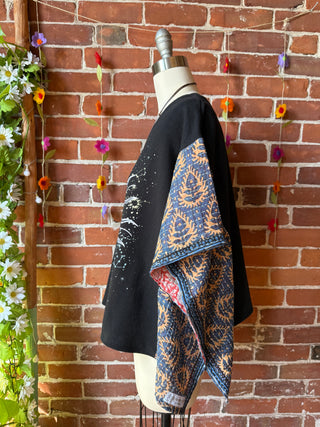 OOAK Autumn Collection- Upcycled Celestial Cropped Kantha Poncho Sweatshirt